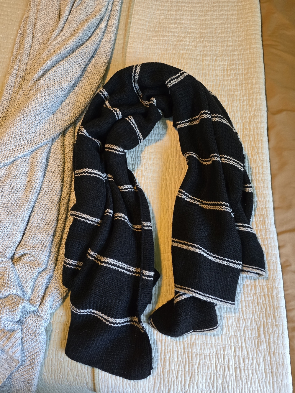 Black Knit Scarf with White Stripe Detail